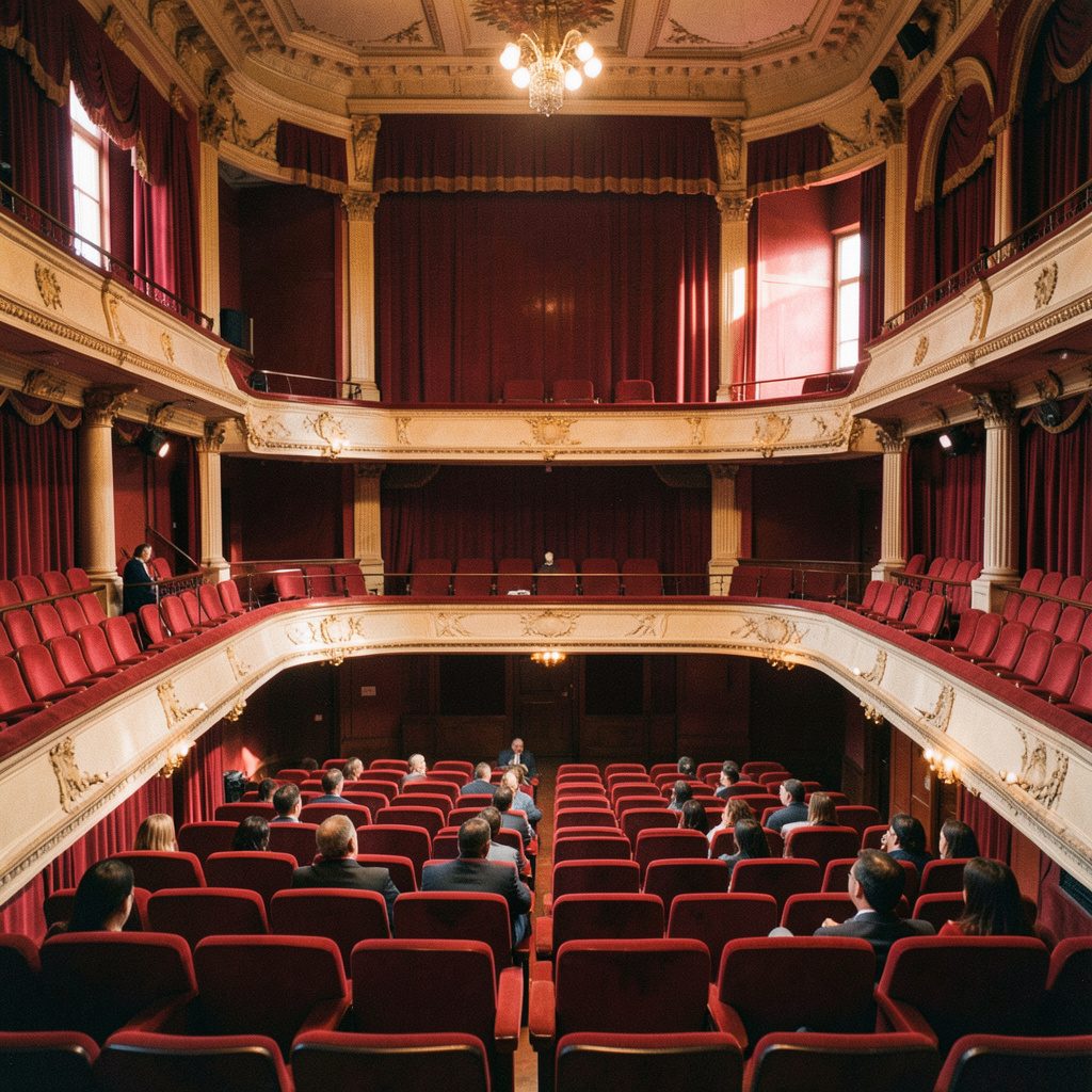 Wide-angle view of the Maastricht Conference Center auditorium interior, warm wood tones and blue seating under soft lighting